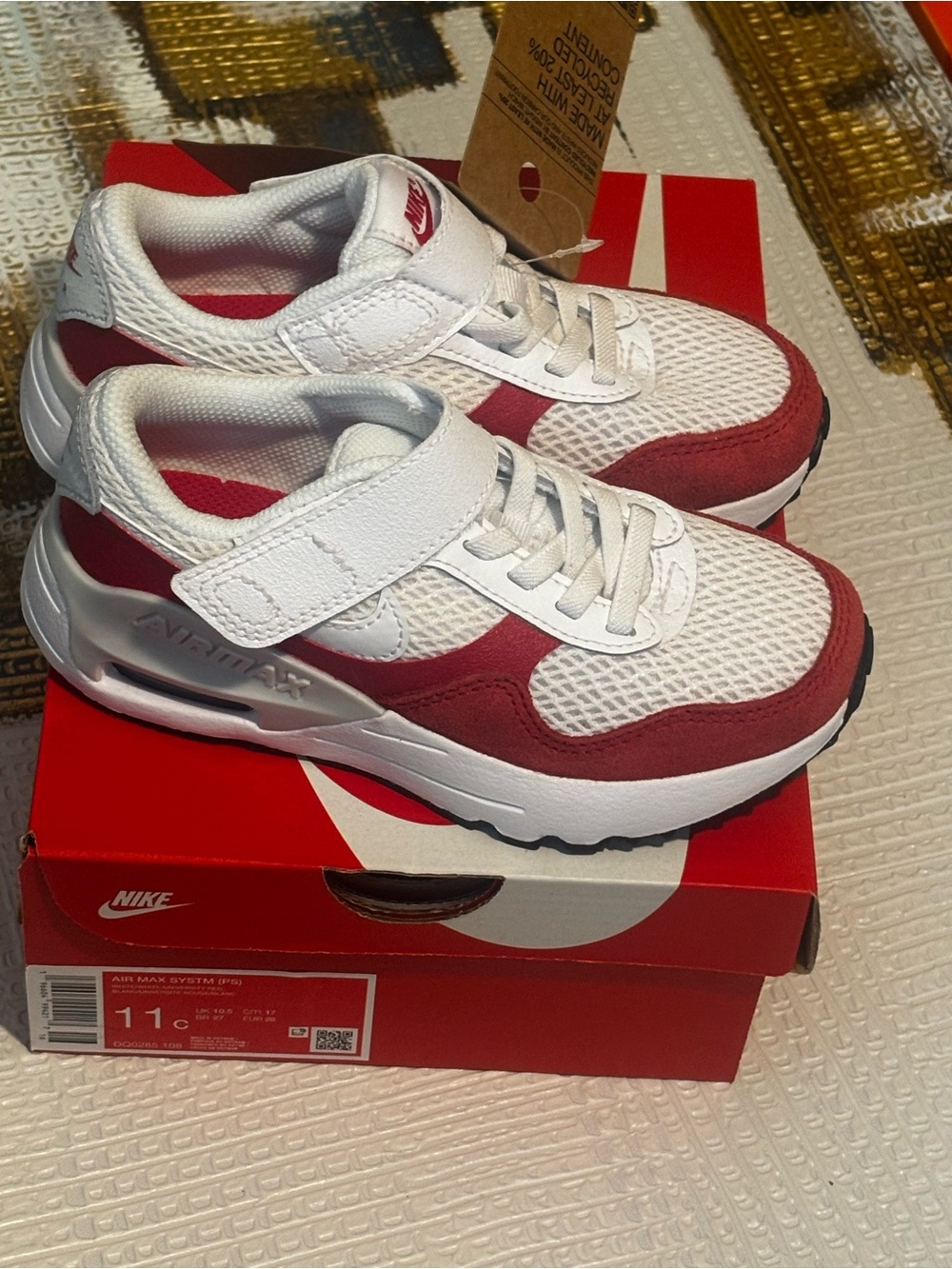 Nike Kids White and Red Air Max SYSTM Velcro Sneakers